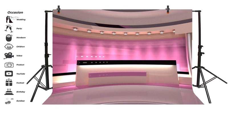 Leyiyi 7x5ft News Broadcast Hall Backdrop Recetation Desk Modern Office Interior Front Table TV Show Neon Light Photo Background Business Study Decor Adults Portrait Studio Prop Vinyl Wallpaper - Image 3